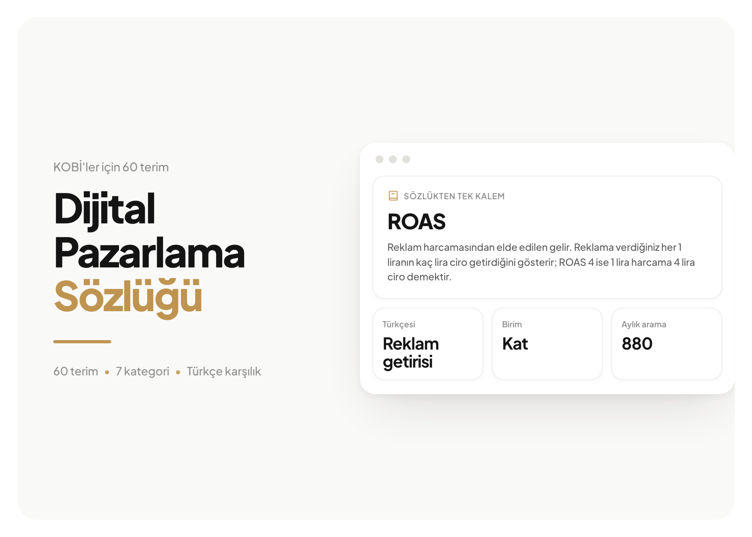 Dijital Pazarlama Sözlüğü kapağı: ROAS teriminin tanım kartı ve reklam getirisi karşılığı