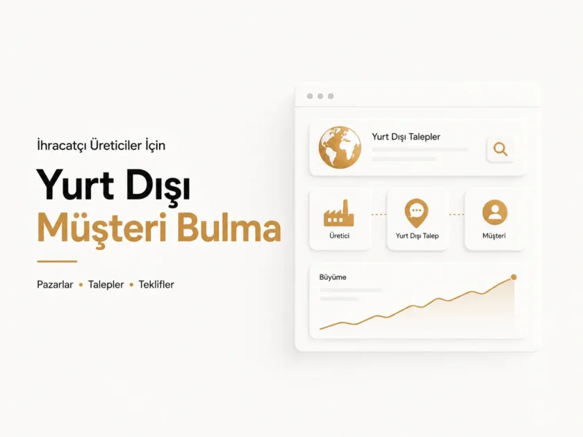 Yurt dışı müşteri bulma kapağı: dünya simgeli yurt dışı talepler kartı ile üretici, talep ve müşteri adımlarını gösteren akış
