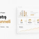 Konut projesi görseli ile lead, randevu ve satış adımlarını gösteren funnel çizimi