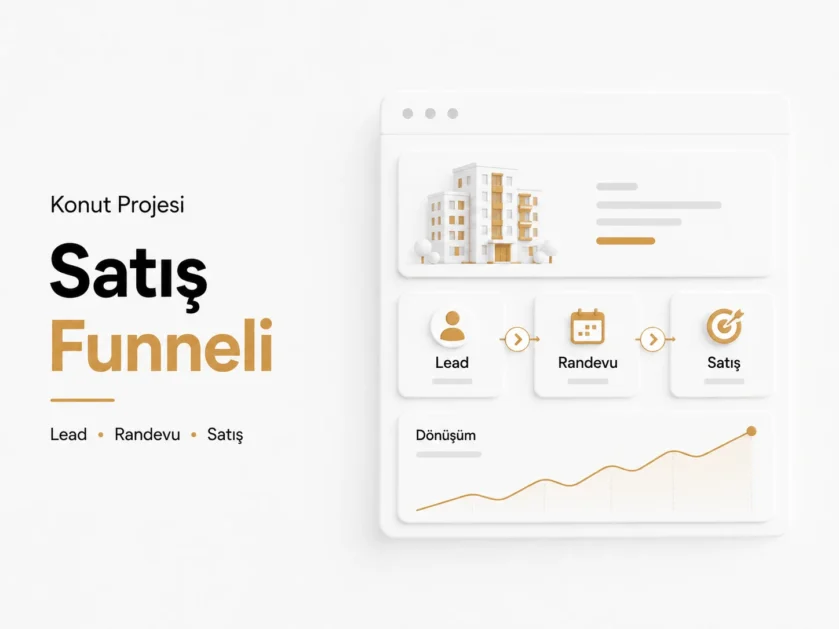 Konut projesi görseli ile lead, randevu ve satış adımlarını gösteren funnel çizimi