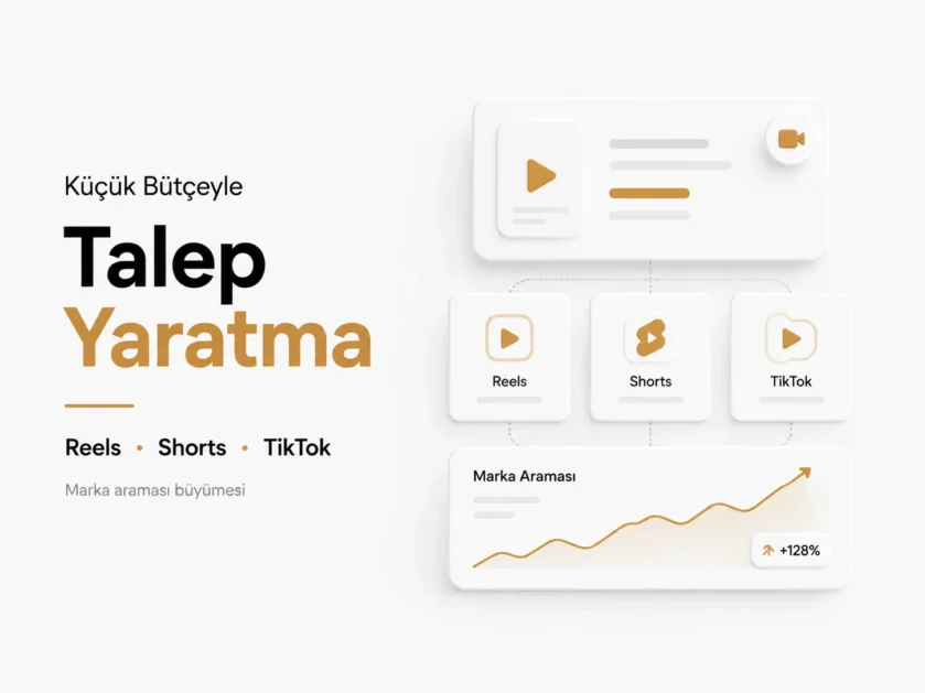 Reels, Shorts ve TikTok kartlarıyla marka araması artışını gösteren talep yaratma çizimi