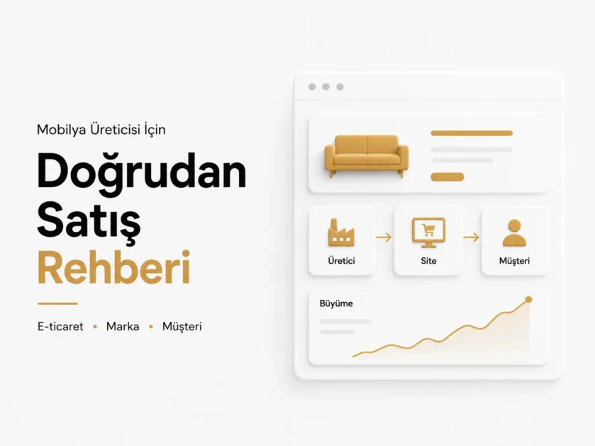 Mobilya üreticisi doğrudan satış kapağı: koltuk görseli ile üretici, site ve müşteri adımlarını gösteren akış ve büyüme grafiği