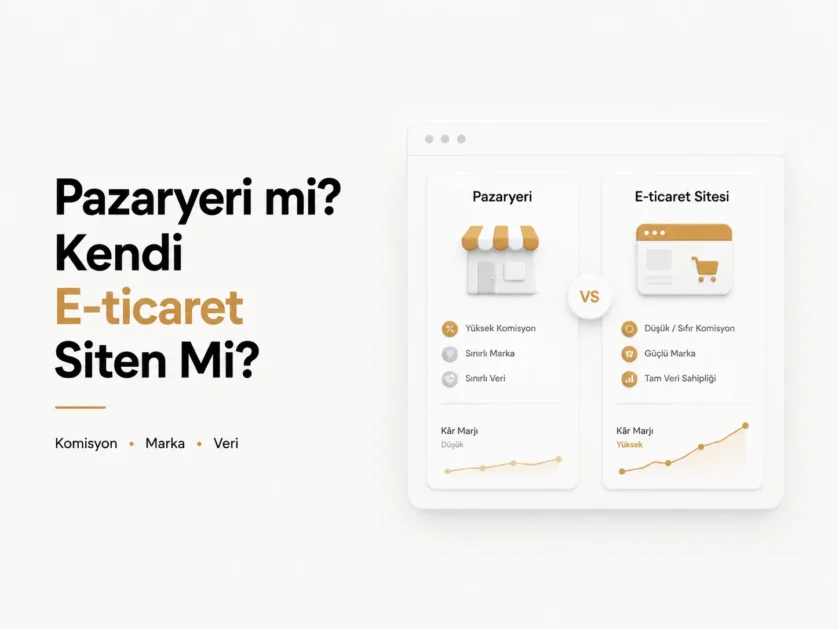 Pazaryeri ve kendi e-ticaret sitesi seçeneklerini komisyon, marka ve veri başlıklarıyla karşılaştıran çizim
