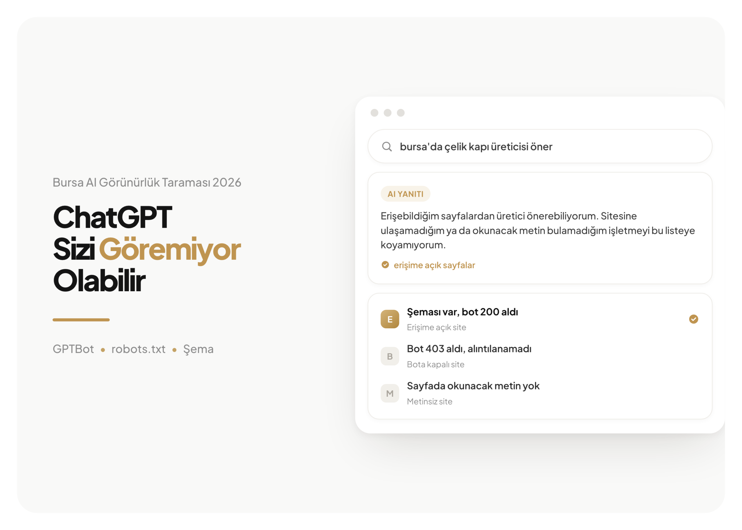 Bursa'da 94 işletme ve ajans sitesinin yapay zeka botlarına verdiği cevabın taraması: erişim, robots.txt kararı ve alıntılanabilir zemin