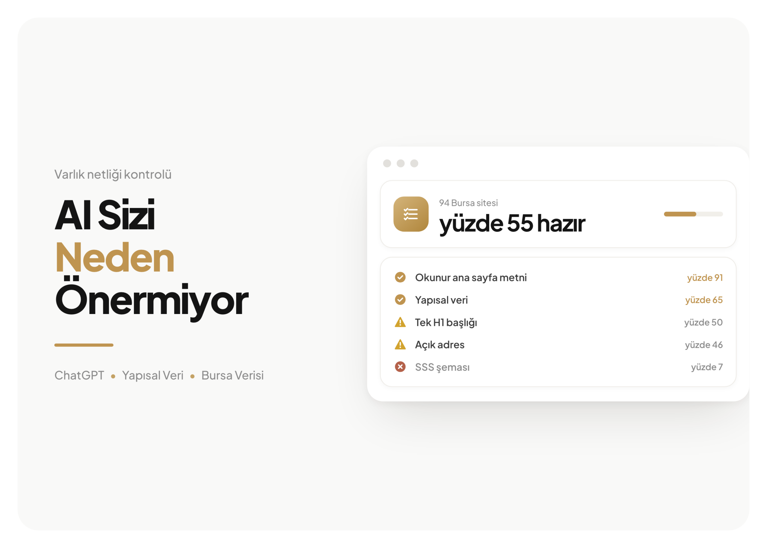 Mayata Vision kapak görseli, AI Sizi Neden Önermiyor: 5 maddelik denetim listesi, 2 madde geçmiş