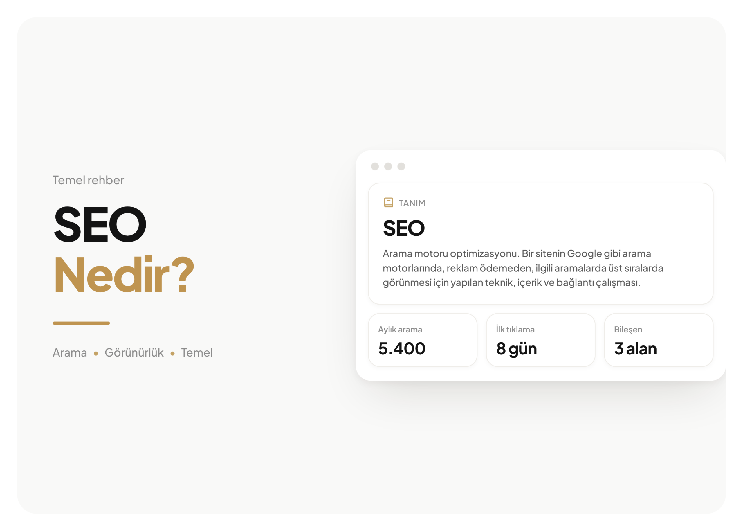 Mayata Vision kapak görseli, SEO Nedir?: SEO teriminin tek cümlelik tanımını ve aylık arama, ilk tıklama, bileşen niteliklerini veren tanım kartı
